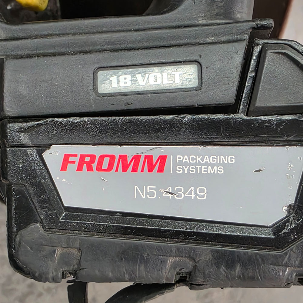 LOT - BANDING CART W/ 1/2" POLY BANDING, W/ FROMM 18 VOLT RECHARGEABLE PLASTIC STRAPPING TOOL, MODEL P328-75