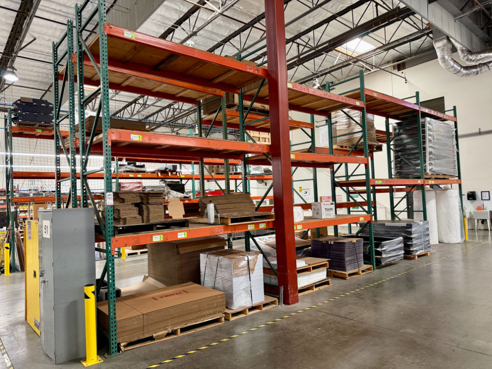 LOT - (4) SECTIONS OF PALLET RACKING, 10' BEAMS, 42" X 16' UPRIGHTS, PLYWOOD DECKING, CONTENTS NOT INCLUDED-140