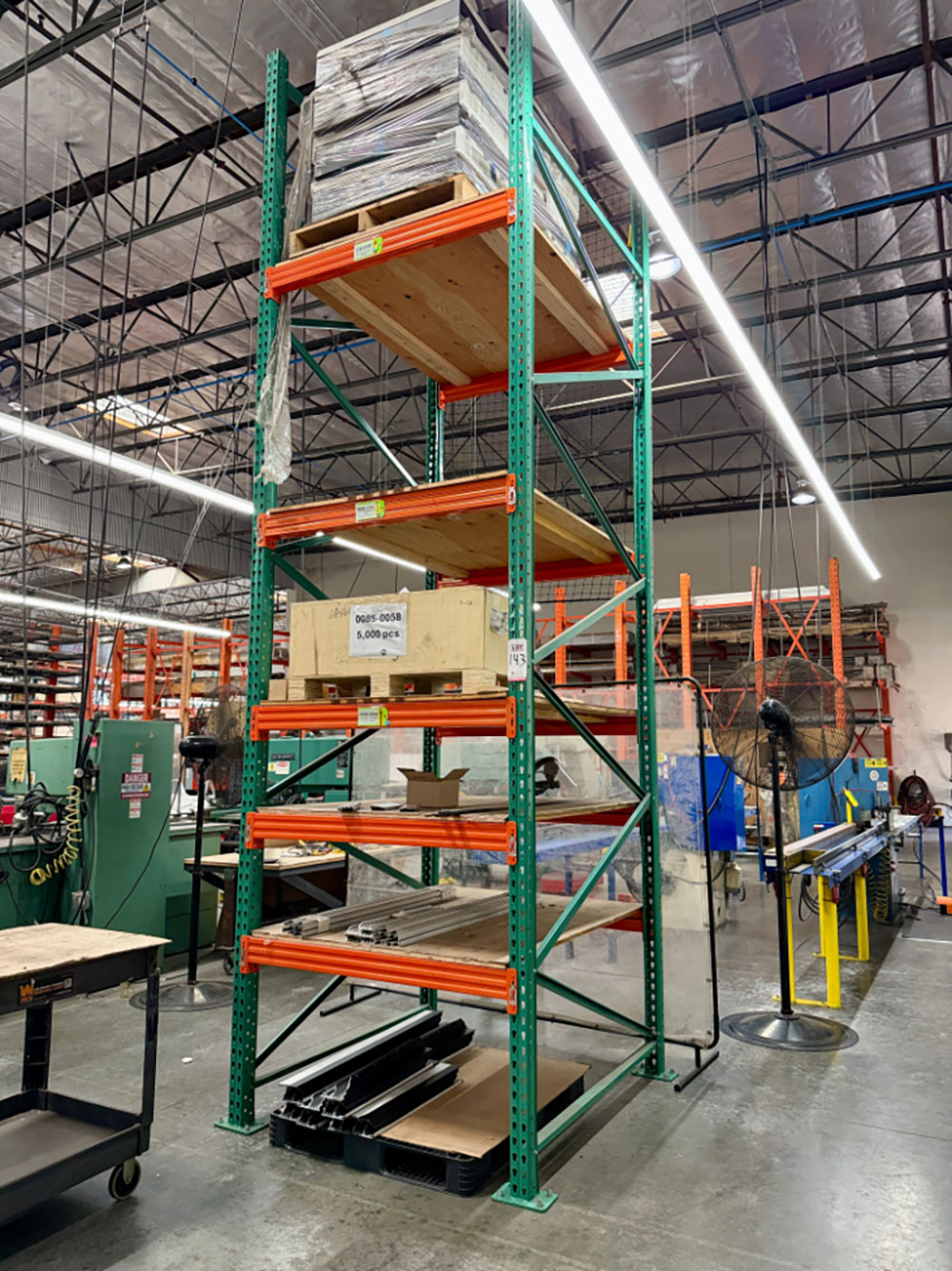 LOT - (1) SECTION OF PALLET RACKING, 4' BEAMS, 5' X 16' UPRIGHTS, PLYWOOD DECKING, CONTENTS NOT INCLUDED-143