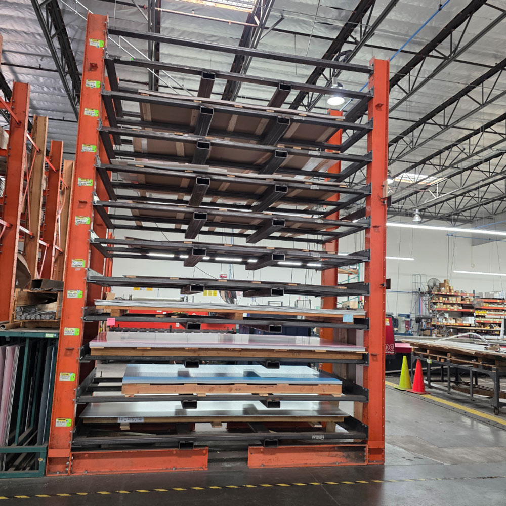 CUSTOM (11) PULL-OUT SHEET STOCK RACK FOR 5' X 10' SHEETS, OVERALL DIMS: 11'-10" X 63" X 16' HT, CONTENTS NOT INCLUDED-150