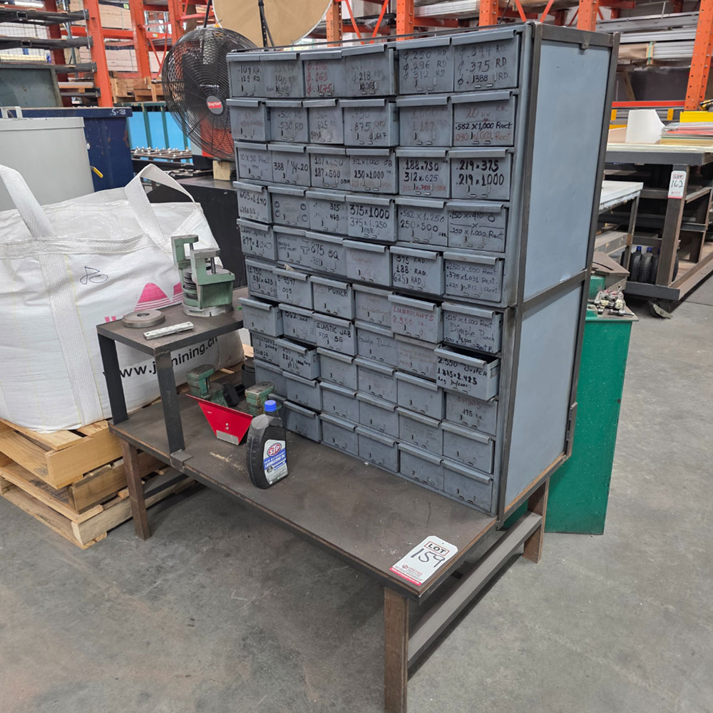 STEEL TABLE, 4' X 30" X 17" HT, W/ ATTACHED 60-DRAWER HARDWARE CABINET-159