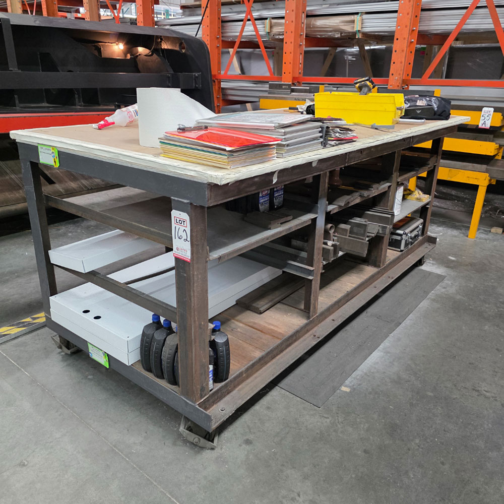 STEEL TABLE ON CASTERS W/ 8'-4" X 3' WOOD TOP, 43" TOP HT, CONTENTS NOT INCLUDED-162