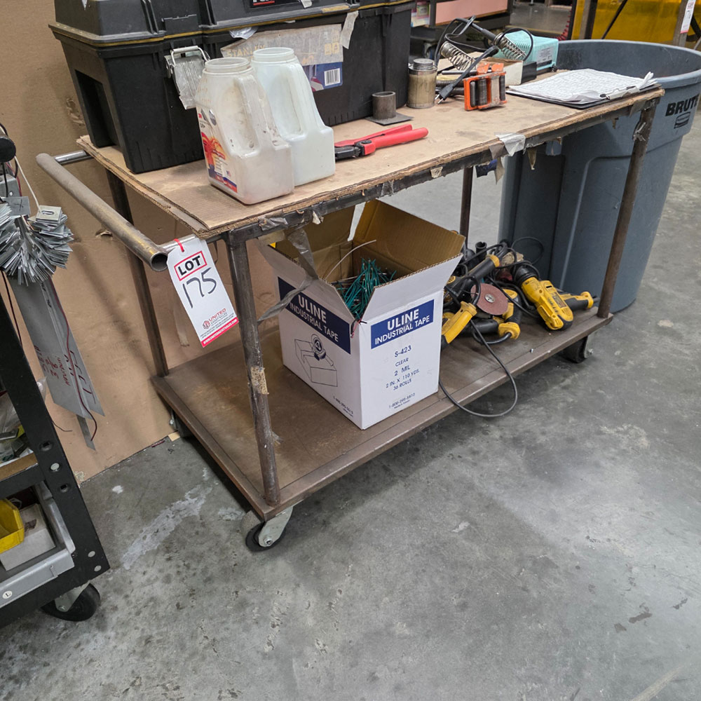 STEEL TABLE ON CASTERS W/ 14' X 4' WOOD TOP, 37" TOP HT, CONTENTS NOT INCLUDED-175