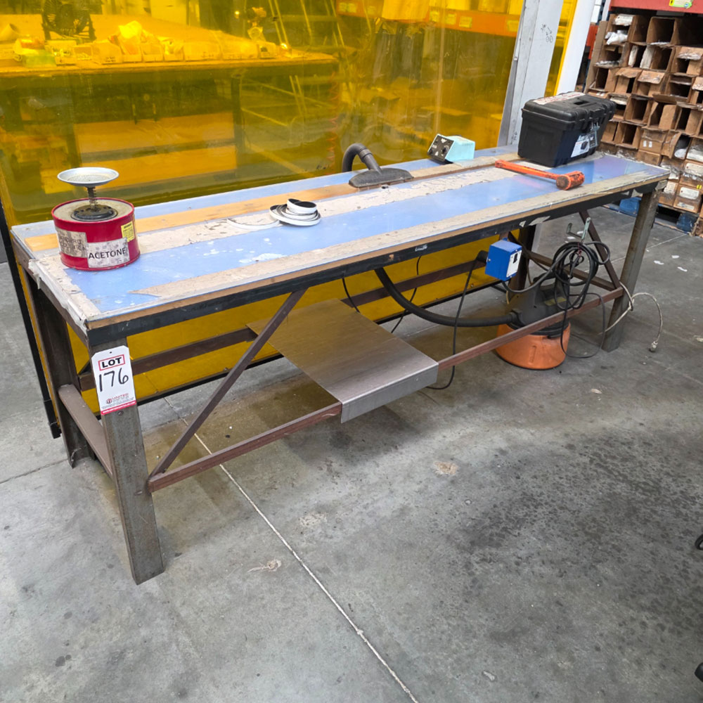 STEEL TABLE W/ 90" X 24" PARTICLE BOARD TOP, 32" TOP HT, CONTENTS NOT INCLUDED-176