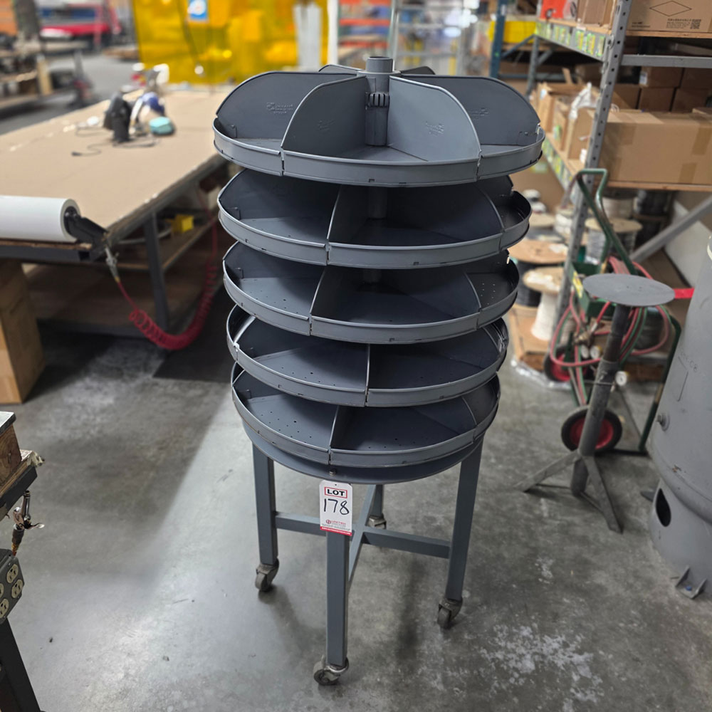 5-TIER LAZY SUSAN PARTITIONED SHELF UNIT, ON CASTERS, CONTENTS NOT INCLUDED-178