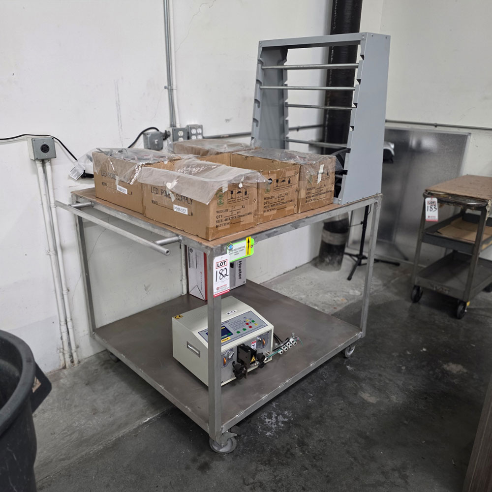 ALUMINUM SHOP CART, 44" X 48" X 40" TOP HT, W/ WIRE SPOOL RACK, CONTENTS NOT INCLUDED-182