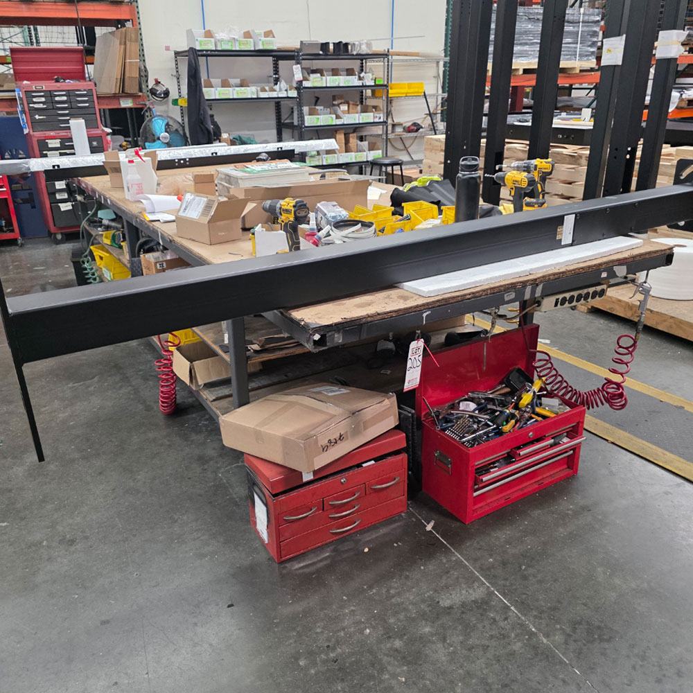 STEEL TABLE ON CASTERS W/ 14' X 5' WOOD TOP, 36" TOP HT, CONTENTS NOT INCLUDED-205