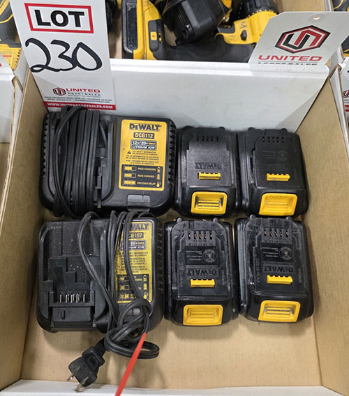 LOT - (4) DEWALT 20V RECHARGEABLE BATTERIES AND (2) CHARGERS-230