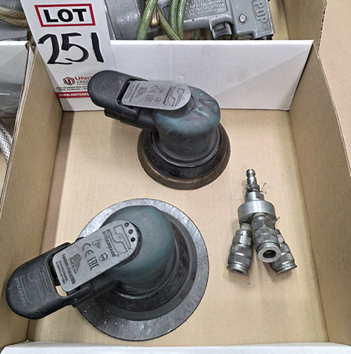 LOT - (2) DYNABRADE 4-1/2" AIR PALM SANDER/POLISHERS AND (1) 3-WAY AIR FITTING-251
