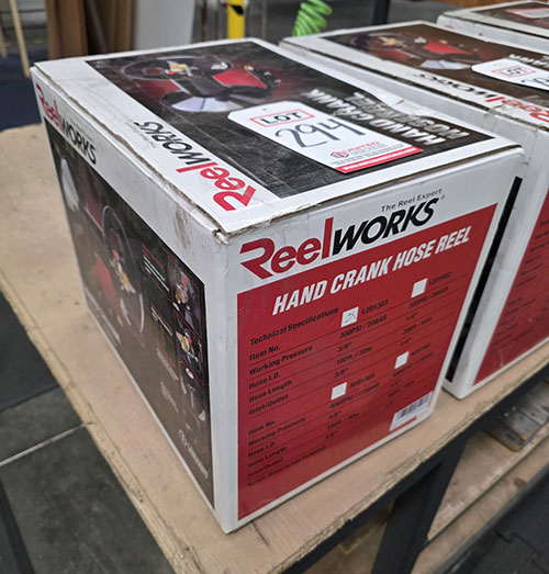 REELWORKS HAND CRANK HOSE REEL, MODEL L201303, IN BOX W/ ORIGINAL PACKING, FOR 100' OF 3/8" AIR HOSE-294