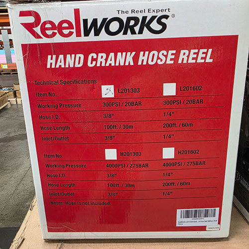 REELWORKS HAND CRANK HOSE REEL, MODEL L201303, IN BOX W/ ORIGINAL PACKING, FOR 100' OF 3/8" AIR HOSE-294