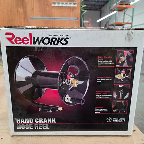 REELWORKS HAND CRANK HOSE REEL, MODEL L201303, IN BOX W/ ORIGINAL PACKING, FOR 100' OF 3/8" AIR HOSE-294