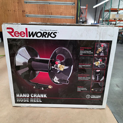 REELWORKS HAND CRANK HOSE REEL, MODEL L201303, IN BOX W/ ORIGINAL PACKING, FOR 100' OF 3/8" AIR HOSE-295