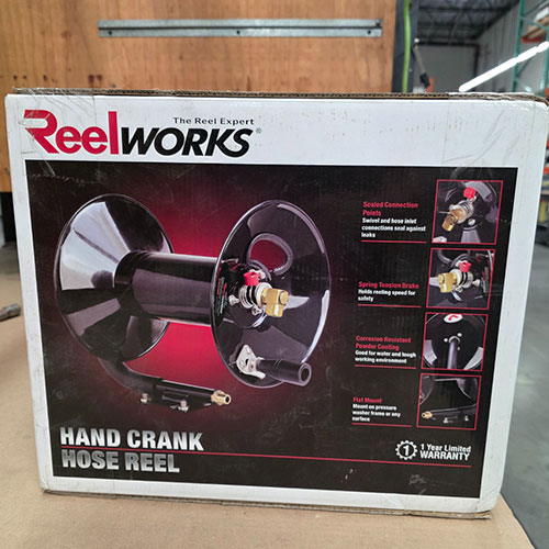 REELWORKS HAND CRANK HOSE REEL, MODEL L201303, IN BOX W/ ORIGINAL PACKING, FOR 100' OF 3/8" AIR HOSE-296