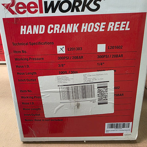 REELWORKS HAND CRANK HOSE REEL, MODEL L201303, IN BOX W/ ORIGINAL PACKING, FOR 100' OF 3/8" AIR HOSE-297