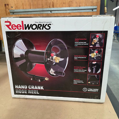 REELWORKS HAND CRANK HOSE REEL, MODEL L201303, IN BOX W/ ORIGINAL PACKING, FOR 100' OF 3/8" AIR HOSE-297