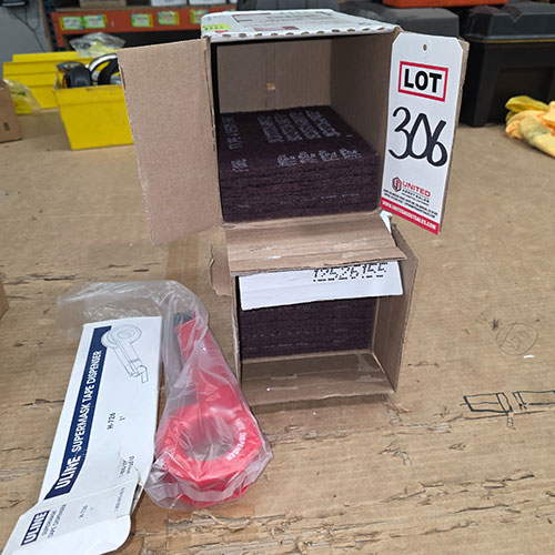 LOT - SCOTCH-BRITE 7447 HAND FINISHING PADS AND ULINE MASKING TAPE DISPENSER-306