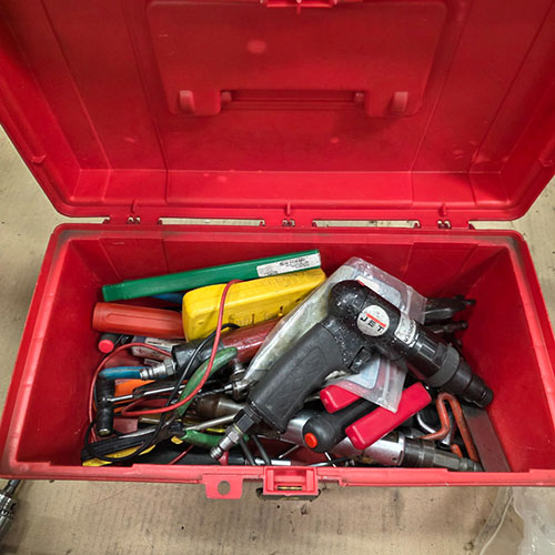 LOT - (4) ASSORTED AIR TOOLS AND HAND TOOLS IN PLASTIC TOOL BOX-312