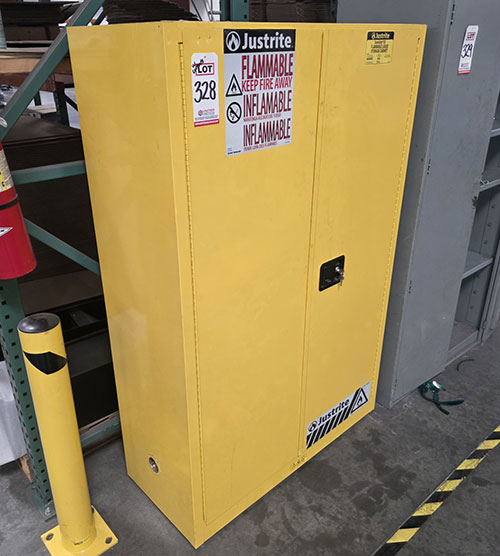 JUSTRITE SURE-GRIP EX FLAMMABLE LIQUID STORAGE CABINET, 45-GAL CAPACITY, 43" X 18" X 66" HT, W/ (2) KEYS, SOLD WITH OR WITHOUT CONTENTS-328