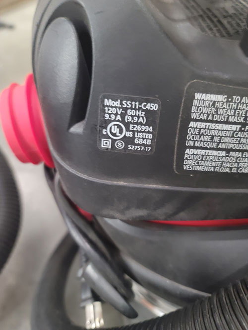 SHOP VAC WET/DRY VAC, MODEL SS11-C450-367