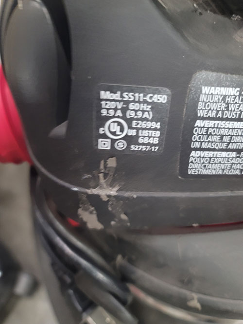 SHOP VAC WET/DRY VAC, MODEL SS11-C450-368