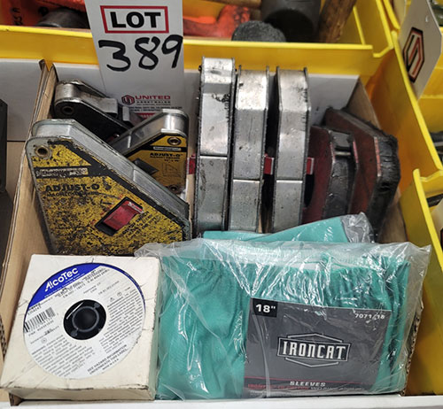 LOT - WELDING SUPPLIES: SPOOLS OF ALUMINUM MIG WIRE, WELDING ARM SLEEVES, ADJUST-O MAGNETIC SQUARES-389