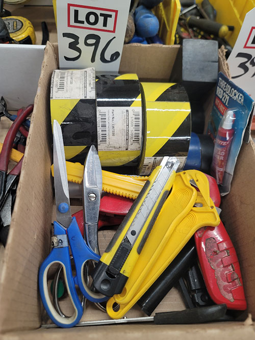 LOT - BOX KNIVES, SCISSORS, CAUTION TAPE, STRAPPING CUTTERS-396