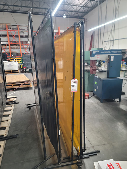 LOT - (5) METAL FRAMED WELDING CURTAINS: (2) YELLOW, (2) CLEAR, (1) BLACK-469