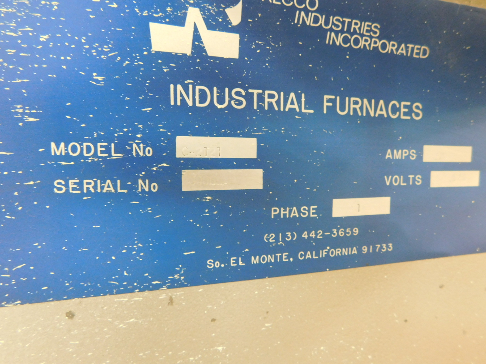 RECCO INDUSTRIES INDUSTRIAL FURNACE, MODEL C-2121-35