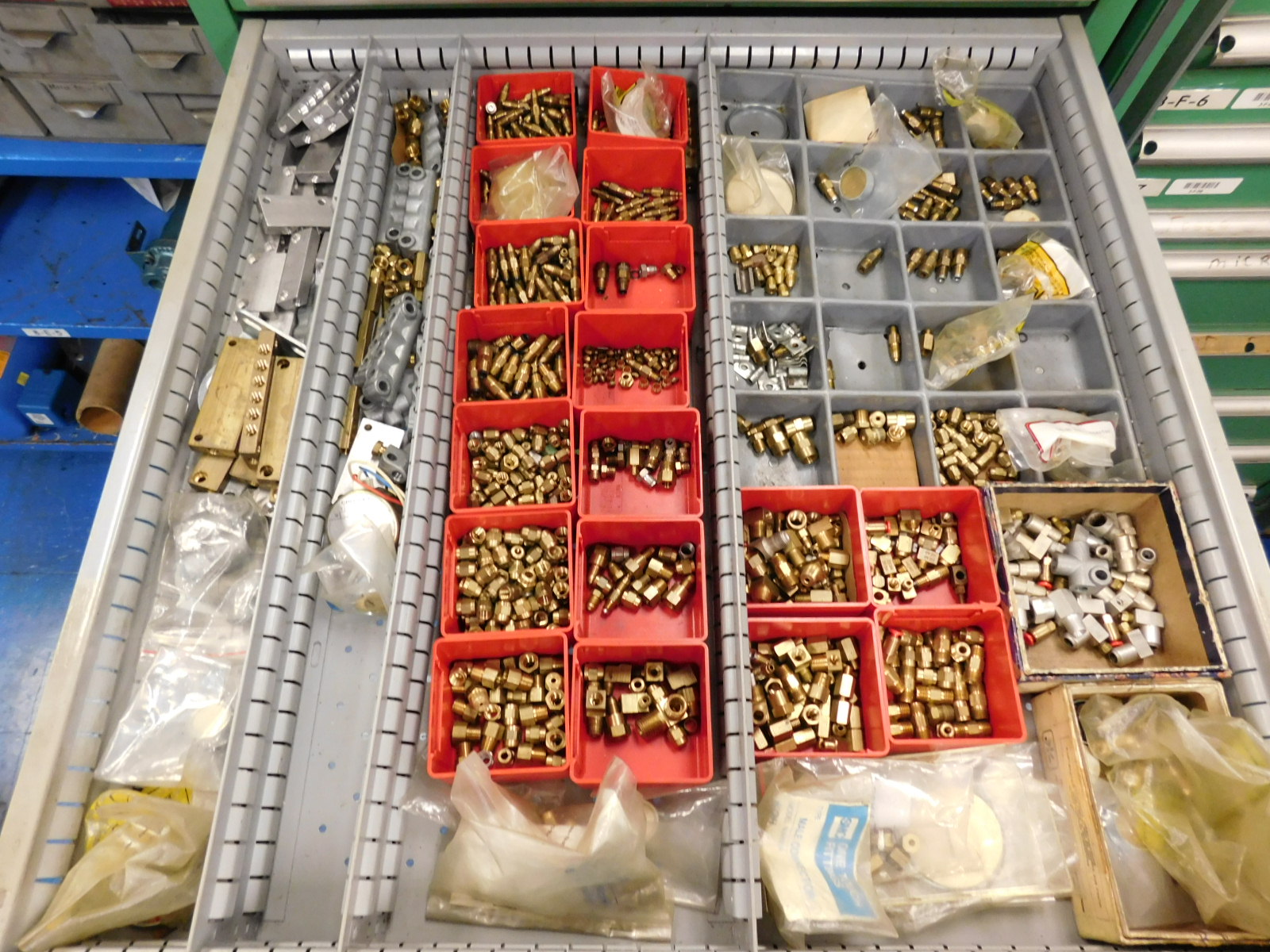 DOUBLE-SIDED ISLAND AREA: 5'X16'X8'! HIGHLIGHTS: 2 DOOR STORAGE CABINET ENDCAP W/HOLESAWS, VAST ARRAY OF BROACHES, TAP WRENCHES & THREADING DIES; PUMP PARTS, FILTERS, BEARINGS, FLOW METERS, 8 LISTA 28"X28"X60" CABINETS FULL OF FITTINGS, BEARINGS, FUSES, BREAKERS, ELECTRICAL & AUTOMATION SWITCHES, CODUIT BENDS & FITTINGS, LOVEJOY PARTS, THREADED NIPPLES & FITTINGS, TAPERED ROLLER BEARINGS,LARGE WRENCHES, PLATING MACHINERY REPAIR SUPPLIES, SEALS, GUAGES,GAGE GLASS, PUMP REPAIR KITS, DIAPRAGM PUMP REPAIR KITS & BLADDERS, RELAYS, SOLENOID VALVES, BRASS PUMP HOUSINGS, PRESSURE RELIEF VALVES,COILS, STARTER RELAYS, BOILER PARTS, OVEN PARTS, RED HAT  VALVES, VARIOUS OTHER BRASS VALVES & CONNECTING FITTINGS. CAN'T POSSIBLY LIST IT ALL! (SEE PHOTOS)-350