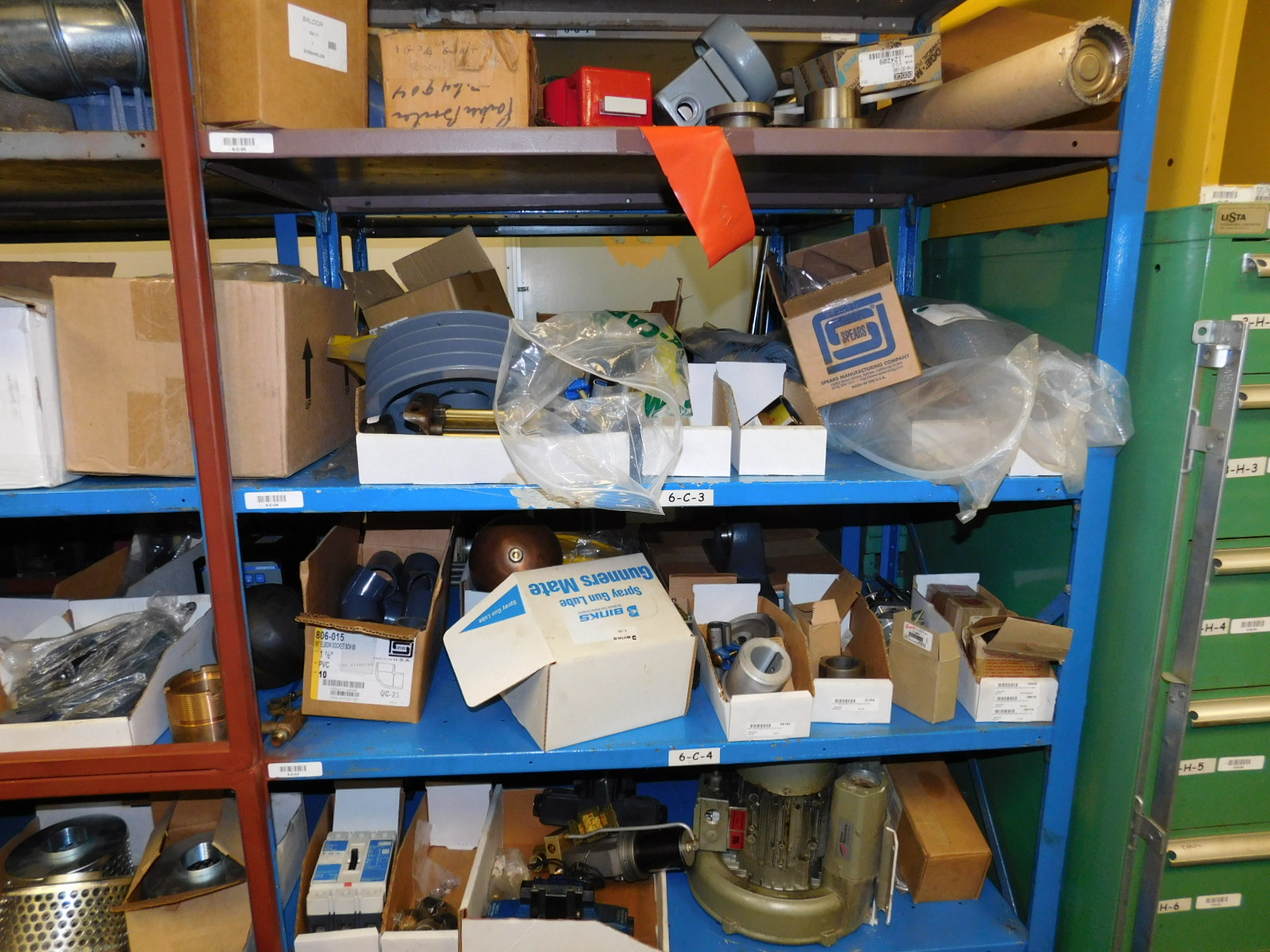 DOUBLE-SIDED ISLAND AREA: 5'X16'X8'! HIGHLIGHTS: GREEN OKUMA PARTS CABINET ENDCAP! (2) 7'X2'X8' SHELF UNITS FULL OF ASSORTED PARTS & PIECES: VARIOUS DIAMETERS OF SOFT COPPER PIPE ROLLS, BIG MACHINE DRIVE SCREWS, WELDING REGULATORS, 6 LISTA CABINETS, 28"X28"X60" & 2 STANLEY VIDMAR 30"X28"X66"CABINETS FULL OF ALL TYPES/SIZES OF BEARINGS, BAND HEATERS, VARIOUS SIZES OF LINK BELT CHAIN LENGTHS, SCHRADER BELLOWS PARTS, ELECTRONIC PARTS, CIRCUIT BOARDS, SELF FEED PARTS/TOOLS, RUBBER DRIVE BELTS, HOLE SAVERS,MOKON PARTS, SANDBLAST PARTS, LATHE PARTS, AIR LINE REGULATORS/LUBRICATORS, LIGHT BULBS, WELDING ACCESSORIES, ETC. - TOO MUCH TO LIST - COME SEE IT ALL, OR VIEW PHOTOS!-351