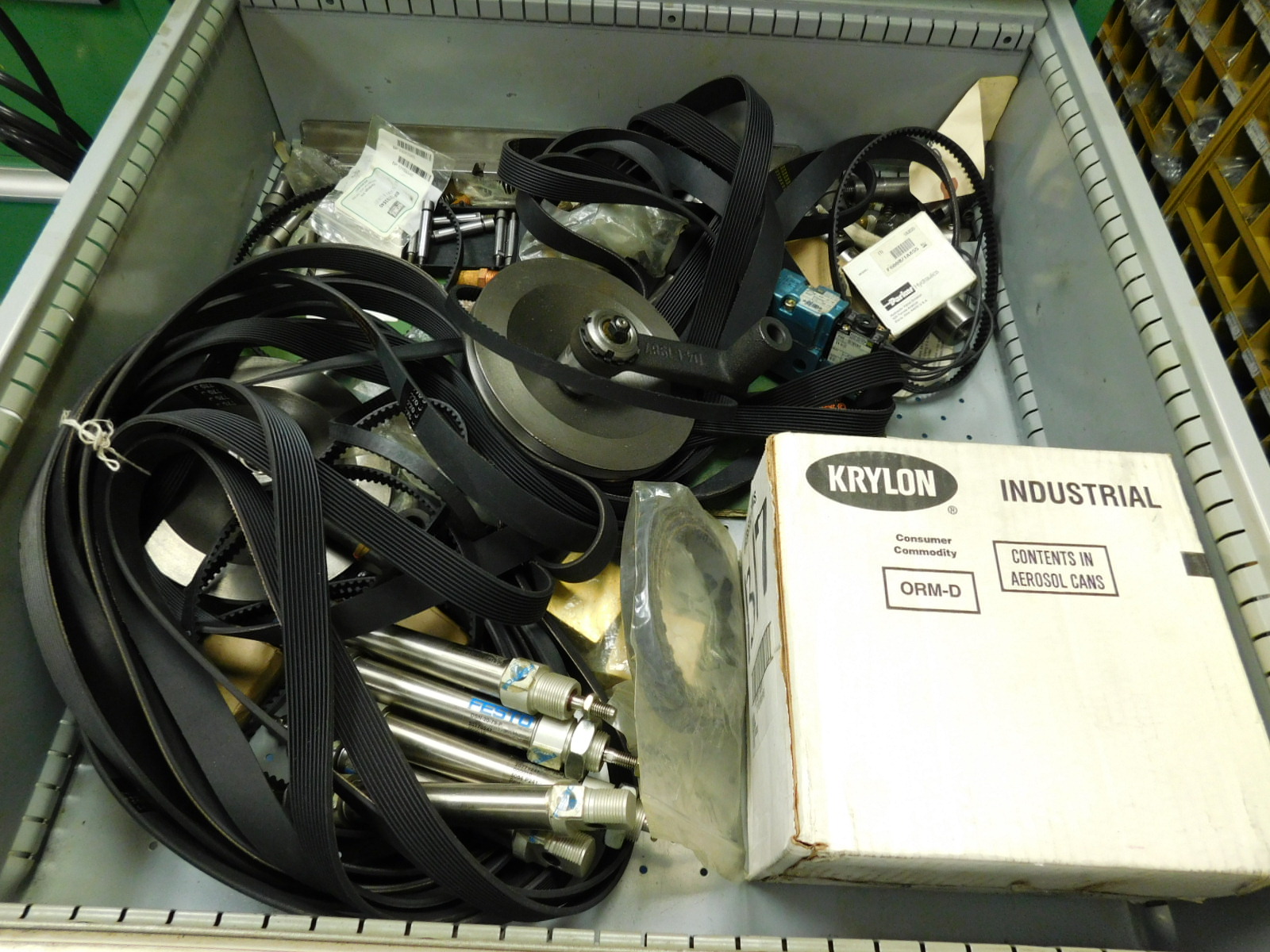 DOUBLE-SIDED ISLAND AREA: 5'X16'X8'! HIGHLIGHTS: GREEN OKUMA PARTS CABINET ENDCAP! (2) 7'X2'X8' SHELF UNITS FULL OF ASSORTED PARTS & PIECES: VARIOUS DIAMETERS OF SOFT COPPER PIPE ROLLS, BIG MACHINE DRIVE SCREWS, WELDING REGULATORS, 6 LISTA CABINETS, 28"X28"X60" & 2 STANLEY VIDMAR 30"X28"X66"CABINETS FULL OF ALL TYPES/SIZES OF BEARINGS, BAND HEATERS, VARIOUS SIZES OF LINK BELT CHAIN LENGTHS, SCHRADER BELLOWS PARTS, ELECTRONIC PARTS, CIRCUIT BOARDS, SELF FEED PARTS/TOOLS, RUBBER DRIVE BELTS, HOLE SAVERS,MOKON PARTS, SANDBLAST PARTS, LATHE PARTS, AIR LINE REGULATORS/LUBRICATORS, LIGHT BULBS, WELDING ACCESSORIES, ETC. - TOO MUCH TO LIST - COME SEE IT ALL, OR VIEW PHOTOS!-351