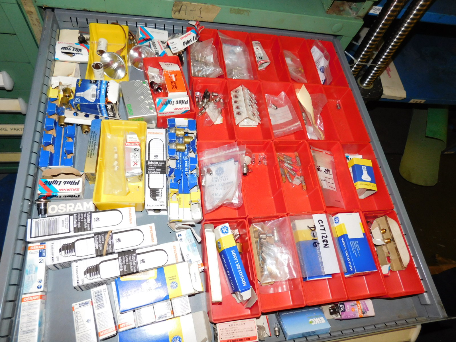 DOUBLE-SIDED ISLAND AREA: 5'X16'X8'! HIGHLIGHTS: GREEN OKUMA PARTS CABINET ENDCAP! (2) 7'X2'X8' SHELF UNITS FULL OF ASSORTED PARTS & PIECES: VARIOUS DIAMETERS OF SOFT COPPER PIPE ROLLS, BIG MACHINE DRIVE SCREWS, WELDING REGULATORS, 6 LISTA CABINETS, 28"X28"X60" & 2 STANLEY VIDMAR 30"X28"X66"CABINETS FULL OF ALL TYPES/SIZES OF BEARINGS, BAND HEATERS, VARIOUS SIZES OF LINK BELT CHAIN LENGTHS, SCHRADER BELLOWS PARTS, ELECTRONIC PARTS, CIRCUIT BOARDS, SELF FEED PARTS/TOOLS, RUBBER DRIVE BELTS, HOLE SAVERS,MOKON PARTS, SANDBLAST PARTS, LATHE PARTS, AIR LINE REGULATORS/LUBRICATORS, LIGHT BULBS, WELDING ACCESSORIES, ETC. - TOO MUCH TO LIST - COME SEE IT ALL, OR VIEW PHOTOS!-351