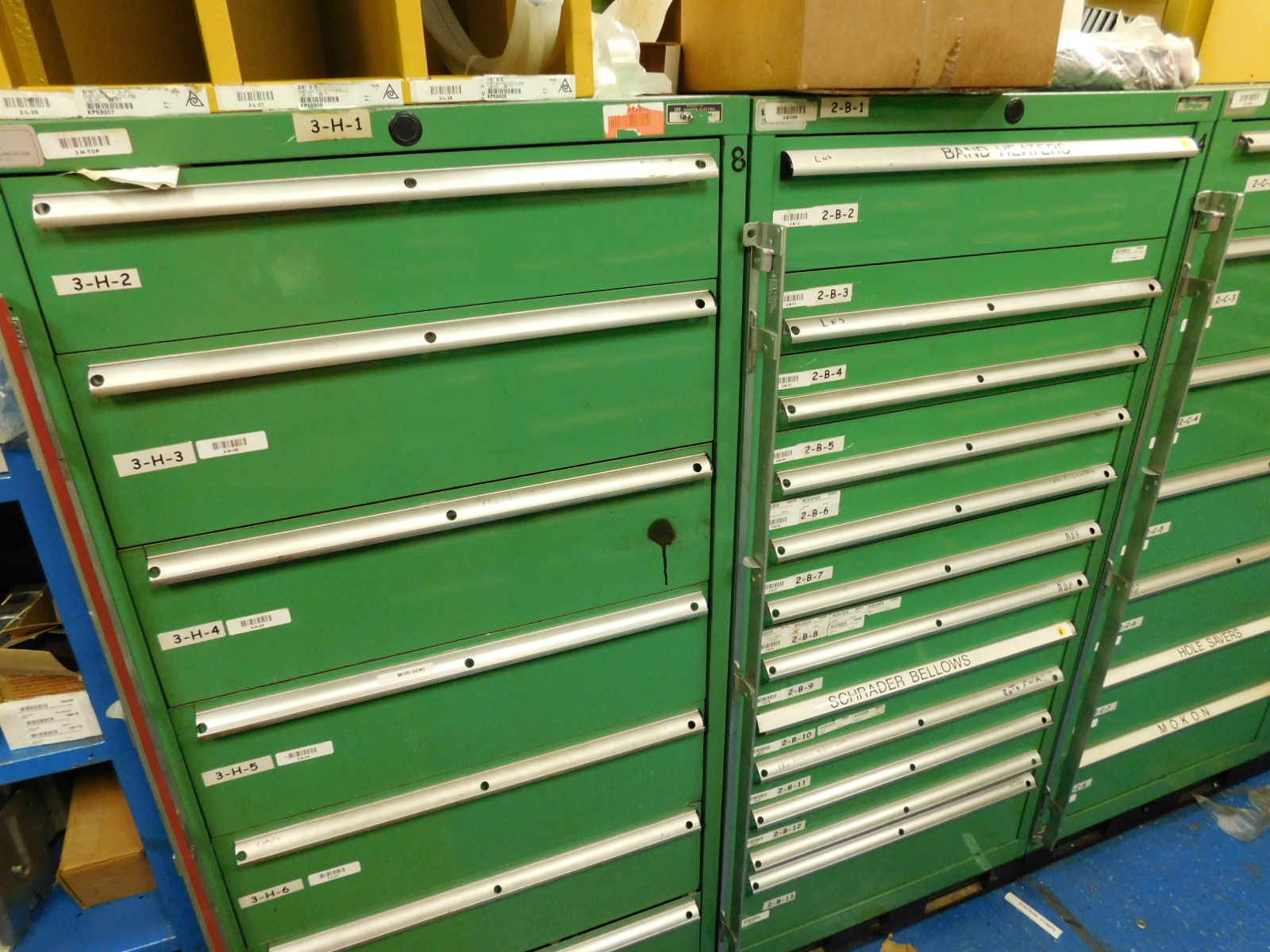 DOUBLE-SIDED ISLAND AREA: 5'X16'X8'! HIGHLIGHTS: GREEN OKUMA PARTS CABINET ENDCAP! (2) 7'X2'X8' SHELF UNITS FULL OF ASSORTED PARTS & PIECES: VARIOUS DIAMETERS OF SOFT COPPER PIPE ROLLS, BIG MACHINE DRIVE SCREWS, WELDING REGULATORS, 6 LISTA CABINETS, 28"X28"X60" & 2 STANLEY VIDMAR 30"X28"X66"CABINETS FULL OF ALL TYPES/SIZES OF BEARINGS, BAND HEATERS, VARIOUS SIZES OF LINK BELT CHAIN LENGTHS, SCHRADER BELLOWS PARTS, ELECTRONIC PARTS, CIRCUIT BOARDS, SELF FEED PARTS/TOOLS, RUBBER DRIVE BELTS, HOLE SAVERS,MOKON PARTS, SANDBLAST PARTS, LATHE PARTS, AIR LINE REGULATORS/LUBRICATORS, LIGHT BULBS, WELDING ACCESSORIES, ETC. - TOO MUCH TO LIST - COME SEE IT ALL, OR VIEW PHOTOS!-351