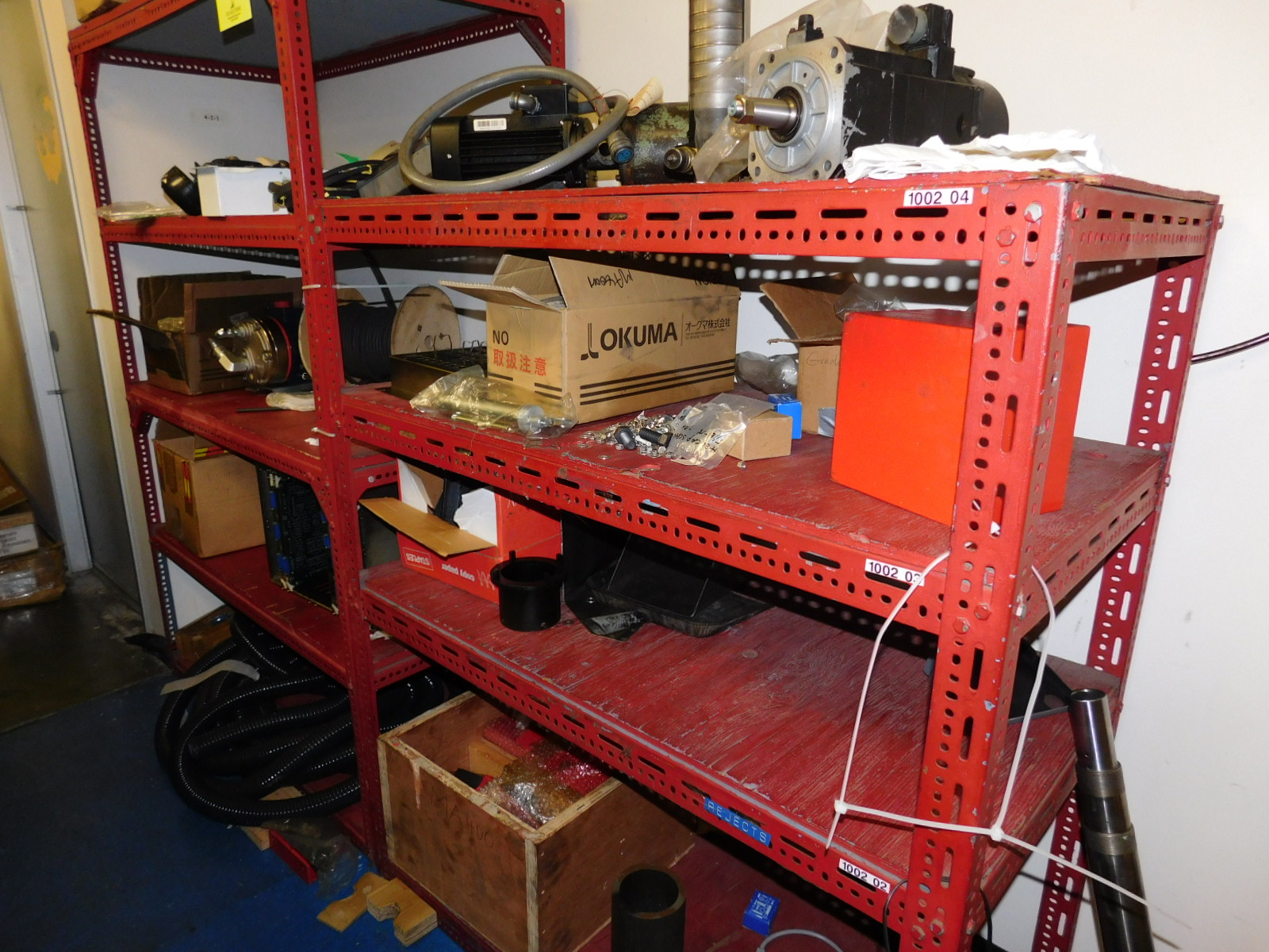 LOT OF (2) SECTIONS OF RED SHELVING W/CONTENTS (SEE PHOTOS)-352