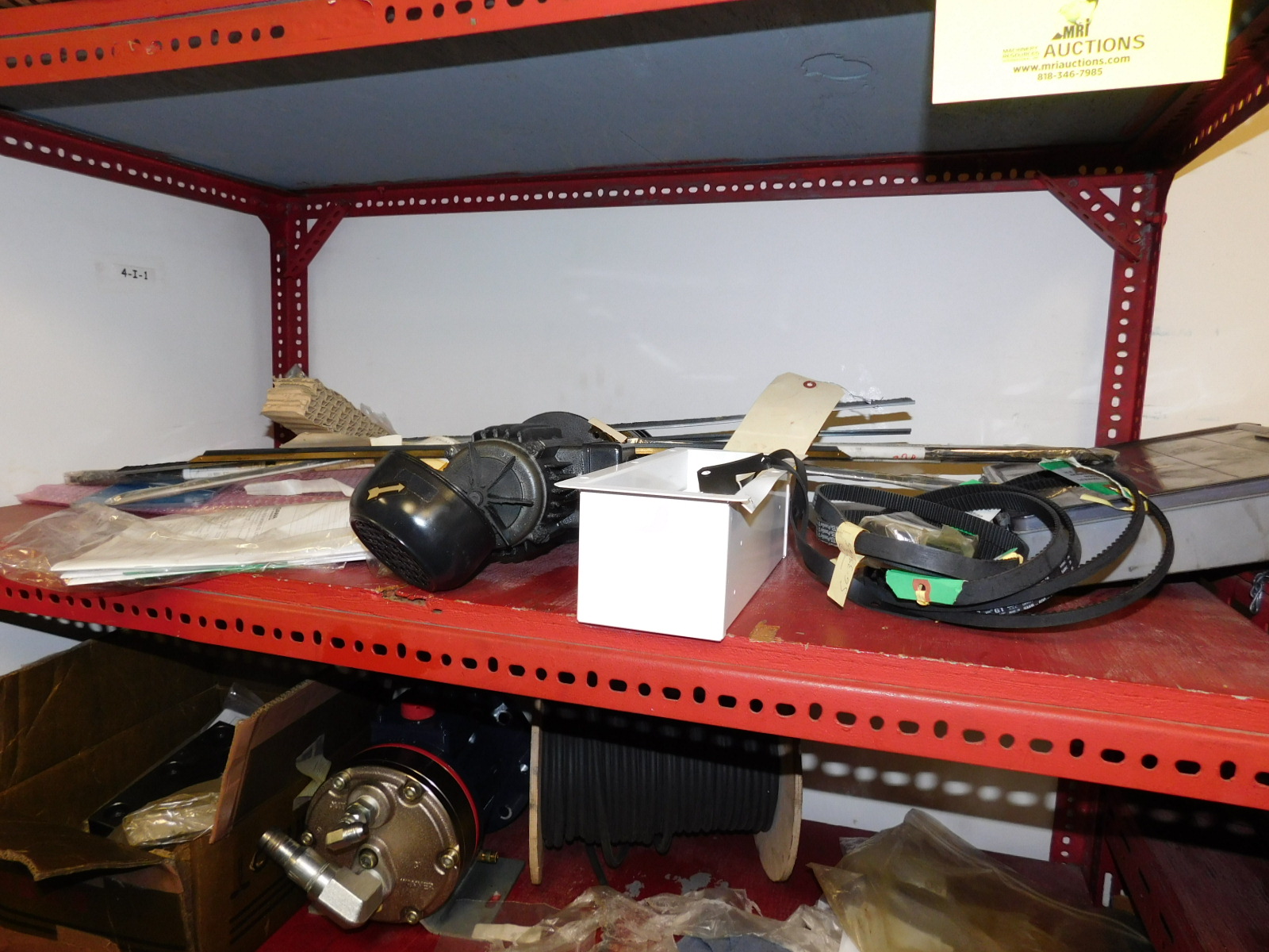 LOT OF (2) SECTIONS OF RED SHELVING W/CONTENTS (SEE PHOTOS)-352