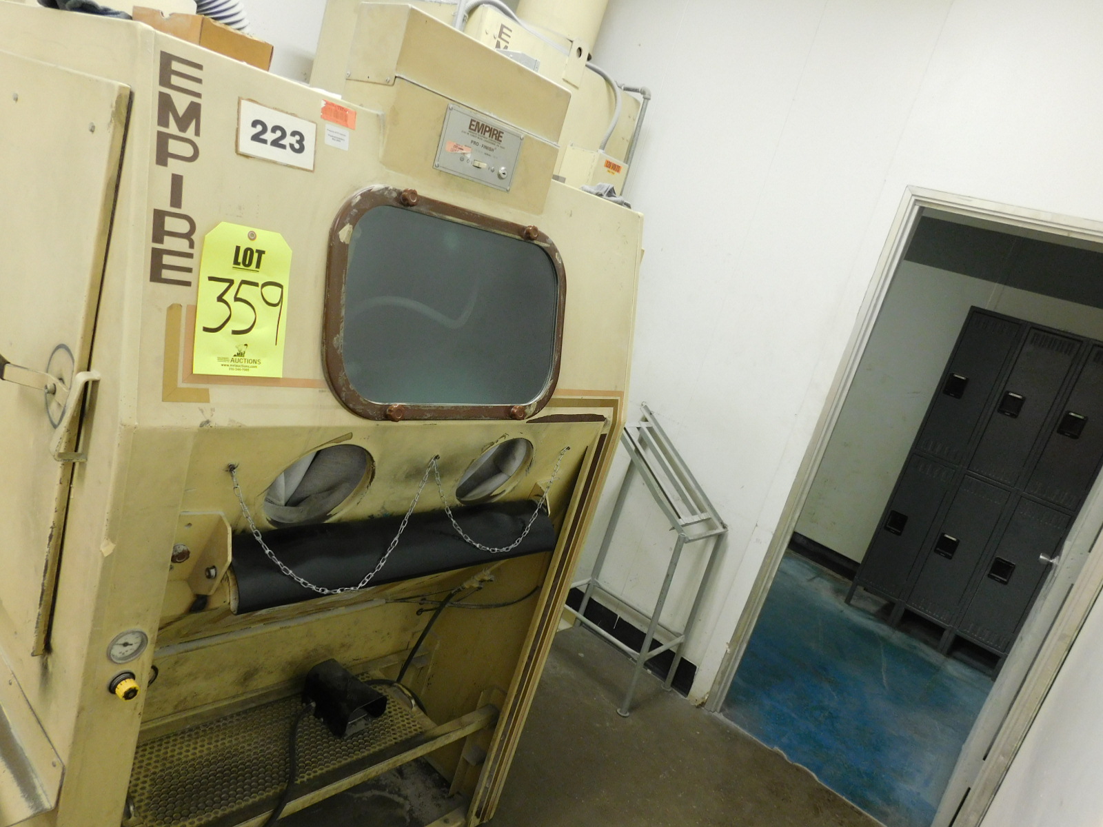 EMPIRE PRO-FINISH SANDBLASTING CABINET, MODEL EB-3648, S/N 3616, W/ EMPIRE MODEL DCM-200 PRO-FINISH SAND SUPPLY/RECOVERY HOPPER-359