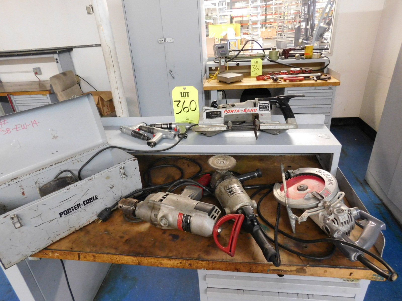 LOT OF POWER TOOLS: MILWAUKEE SUPER HOLE SHOOTER #1854-1, SKILSAW HD5860, 8-1/4"CONTRACTOR CIRCULAR SAW, PORTER CABLE 725 EXTRA HEAVY DUTY PORTABAND, 2 SPEED  PORTABLE BANDSAW, BLACK & DECKER 7"/9" HEAVY DUTY ANGLE GRINDER, PLUS (3) DESOUTTER PNEUMATIC PISTOL GRIP TOOLS-360