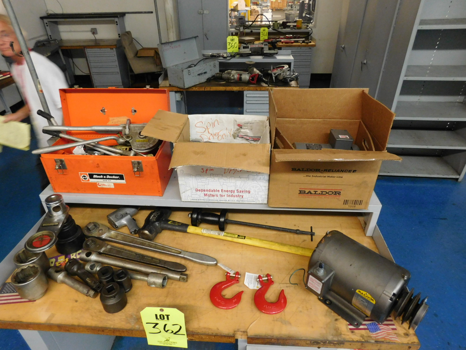LOT OF (3) ELECTRIC MOTORS (SEE PHOTOS OF SPEC. PLATES FOR DETAILS), ORANGE TOOLBOX FULL OF PIPE BENDING TOOLS, SNAP-ON TORQUE GUAGE, 3/4"& 1" DRIVE SOCKET WRENCHES W/(5) LARGE SOCKETS, (2) RIGGING HOOKS, SLIDE HAMMER, SLEDGEHAMMER, PNEUMATIC TOOL-362