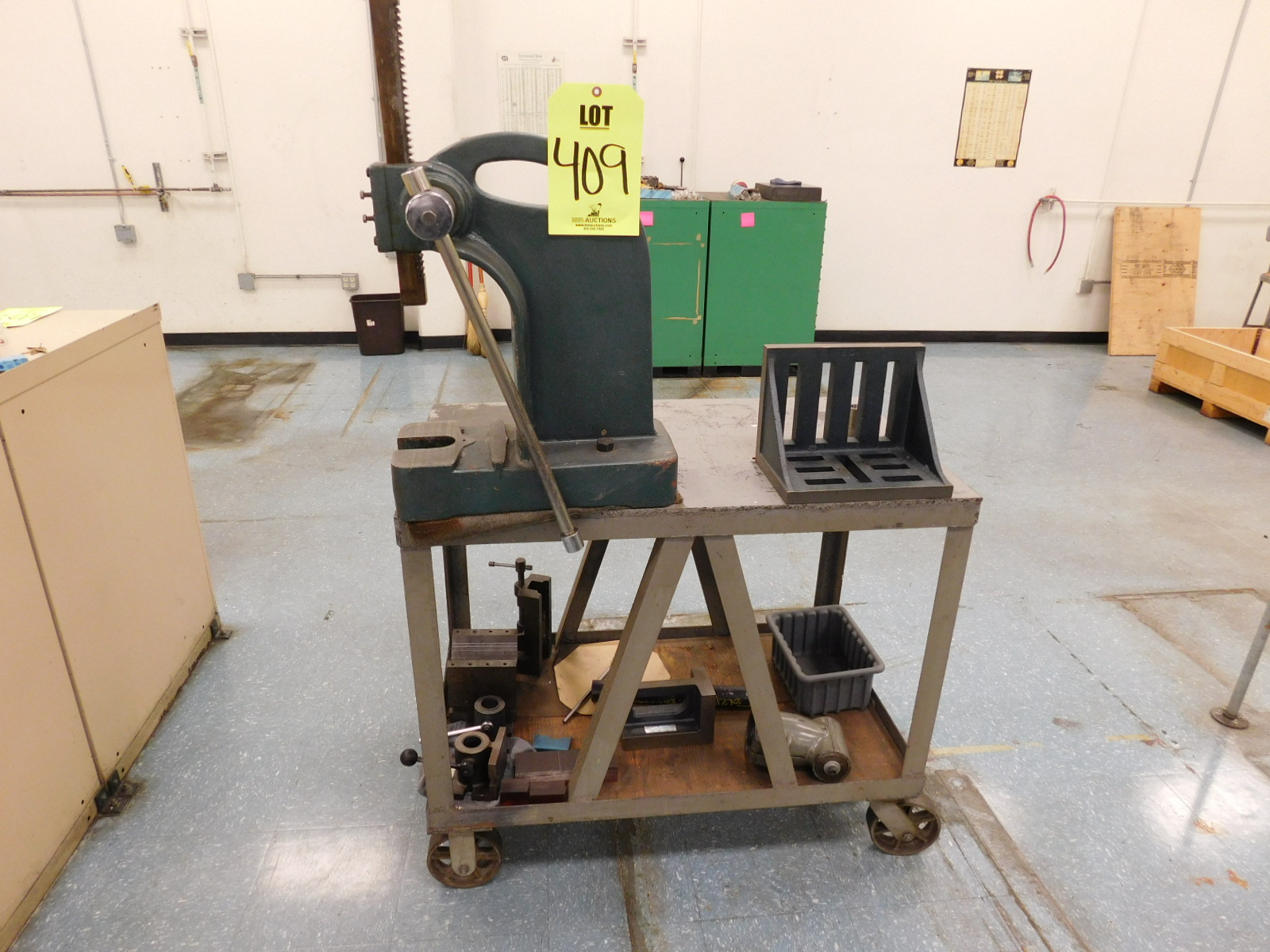 UNITED/YUASA PRESS, # 595-003, W/HEAVY DUTY STEEL ROLLING CART & SLOTTED ANGLE PLATE-409