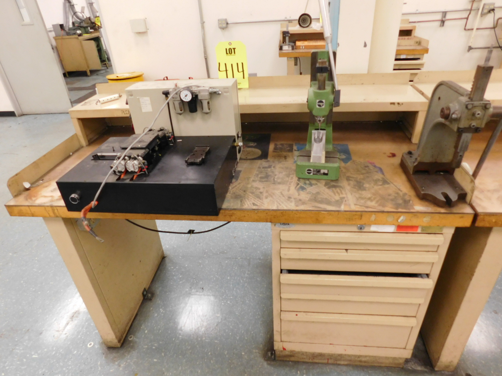 LISTA 5 DRAWER WORKBENCH, W/ITEMS ON TOP: SMALL WELDING SPECIALTY MACHINE, SCHMIDT PRESS, PIPAN #1 PRESS-414