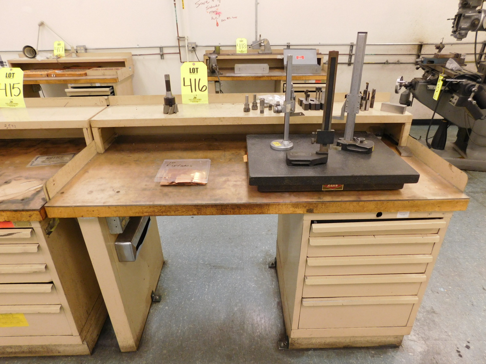 LISTA 5 DRAWER WORKBONCH, W/GRANITE SURFACE PLATE: 24"X18"X3", (3) HEIGHT GAGES, MISC. CUTTING TOOLS-416