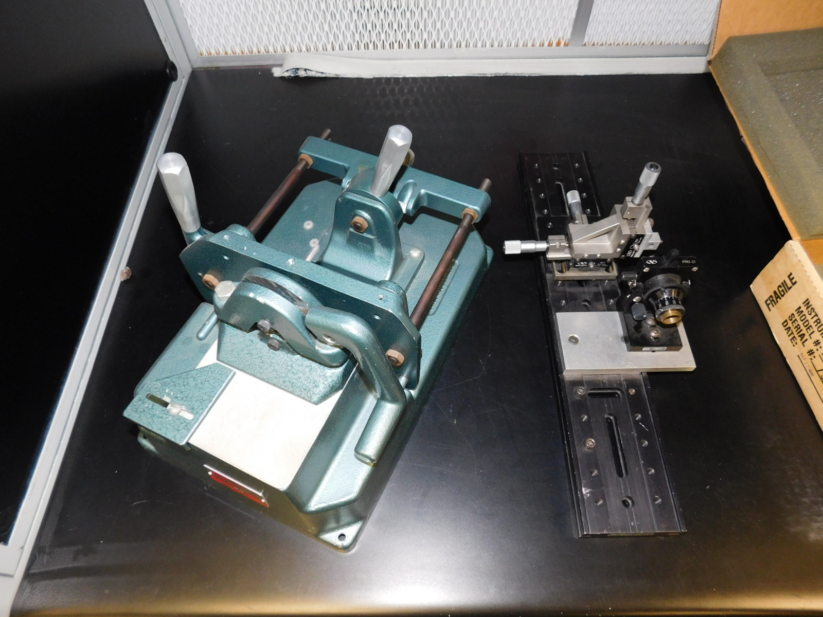 WSI WORKSTATION, 73"X40"X65", LIGHTED & WITH BUILT-IN DUST VACUUM W/FILTERS, PLUS: CARPENTER 47-A WIRE PROCESSING MACHINE, NEWPORT OPTICS/NRC OPTICAL RAIL, MODEL: URL-18, & PHOTODYNE MODEL 3000 MULTI-SENSOR MODULE-432
