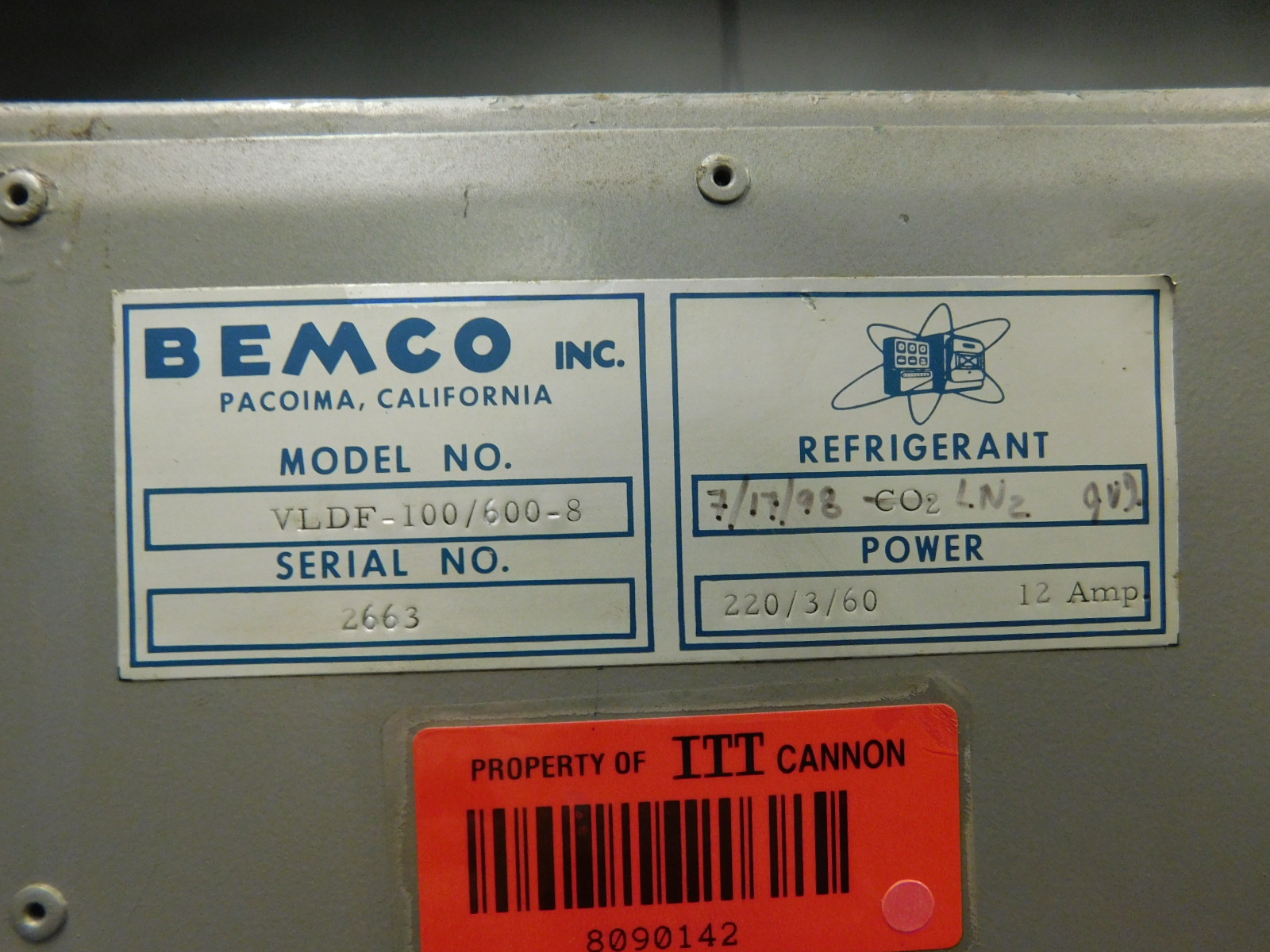 BEMCO ENVIRONMENTAL TEST CHAMBER, MODEL VLDF-100/600-8, S/N 2663-453