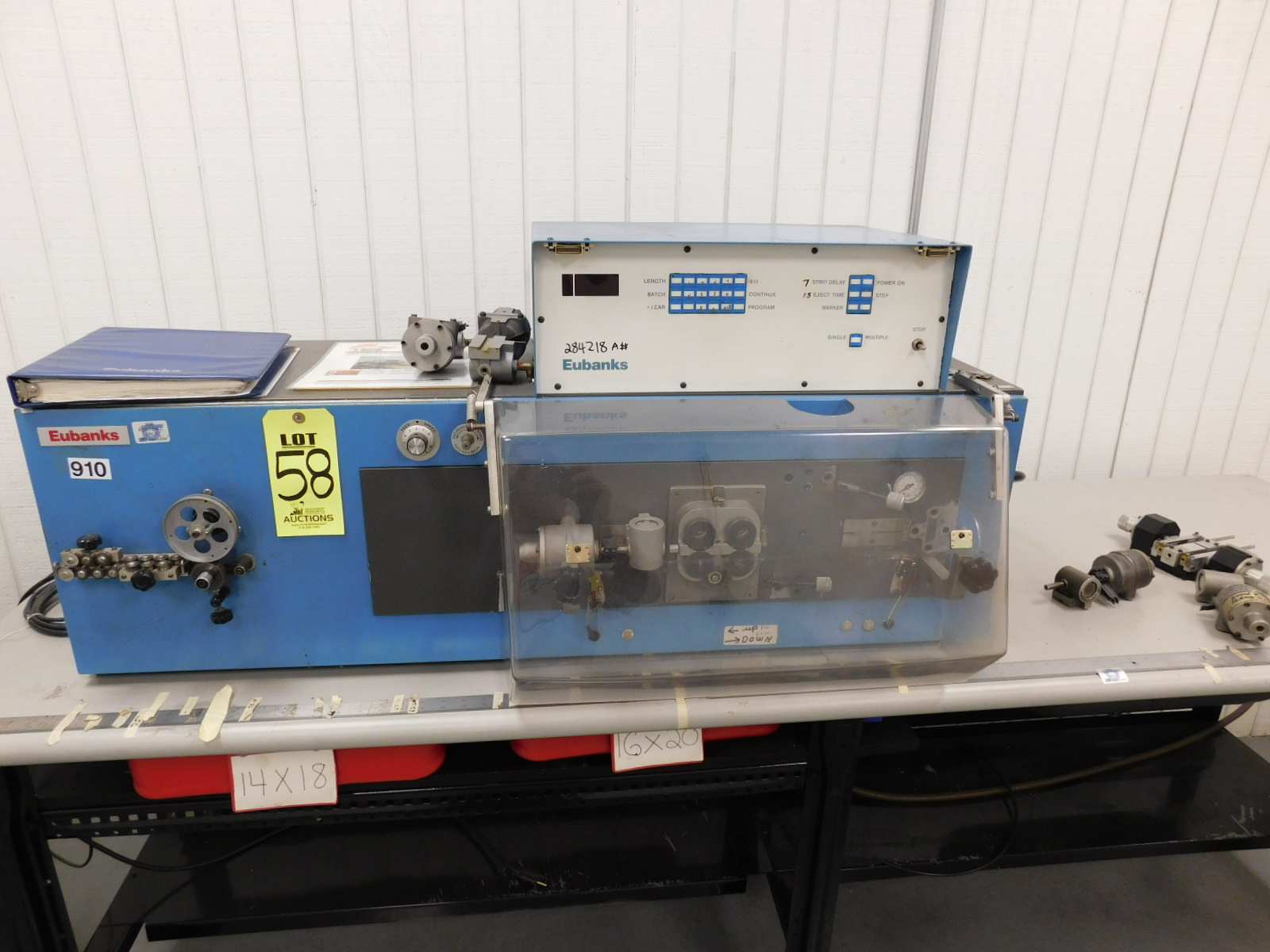 EUBANKS MODEL 2600-04 WIRE CUTTER W/TABLE & MOUNTED PNEUMATIC STORAGE TANK-58