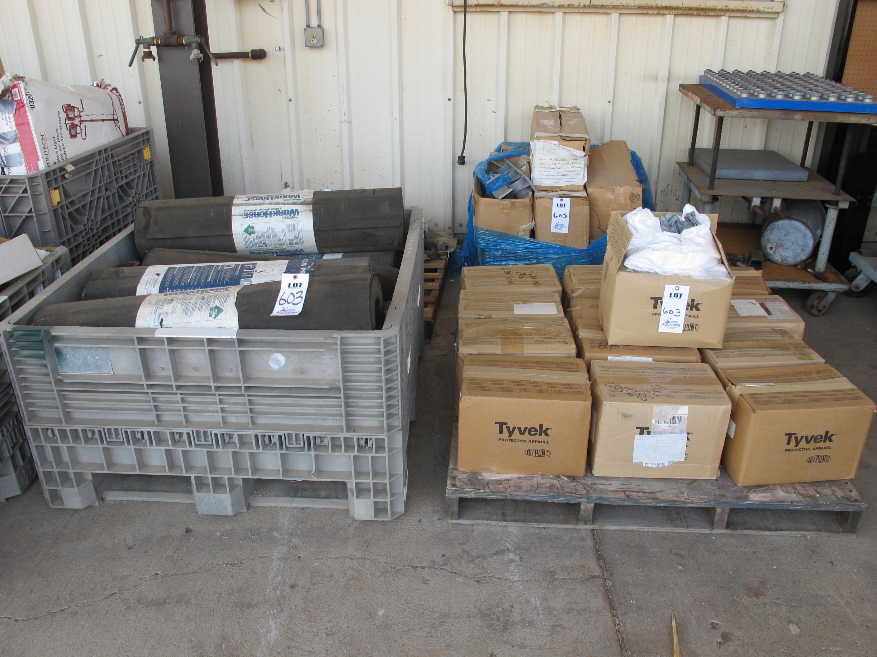 LOT (4) PALLETS ASSORTED COVERALLS, ROOFING PAPER & PIPE FITTINGS (G-49) LOADING & HANDLING FEE $60-