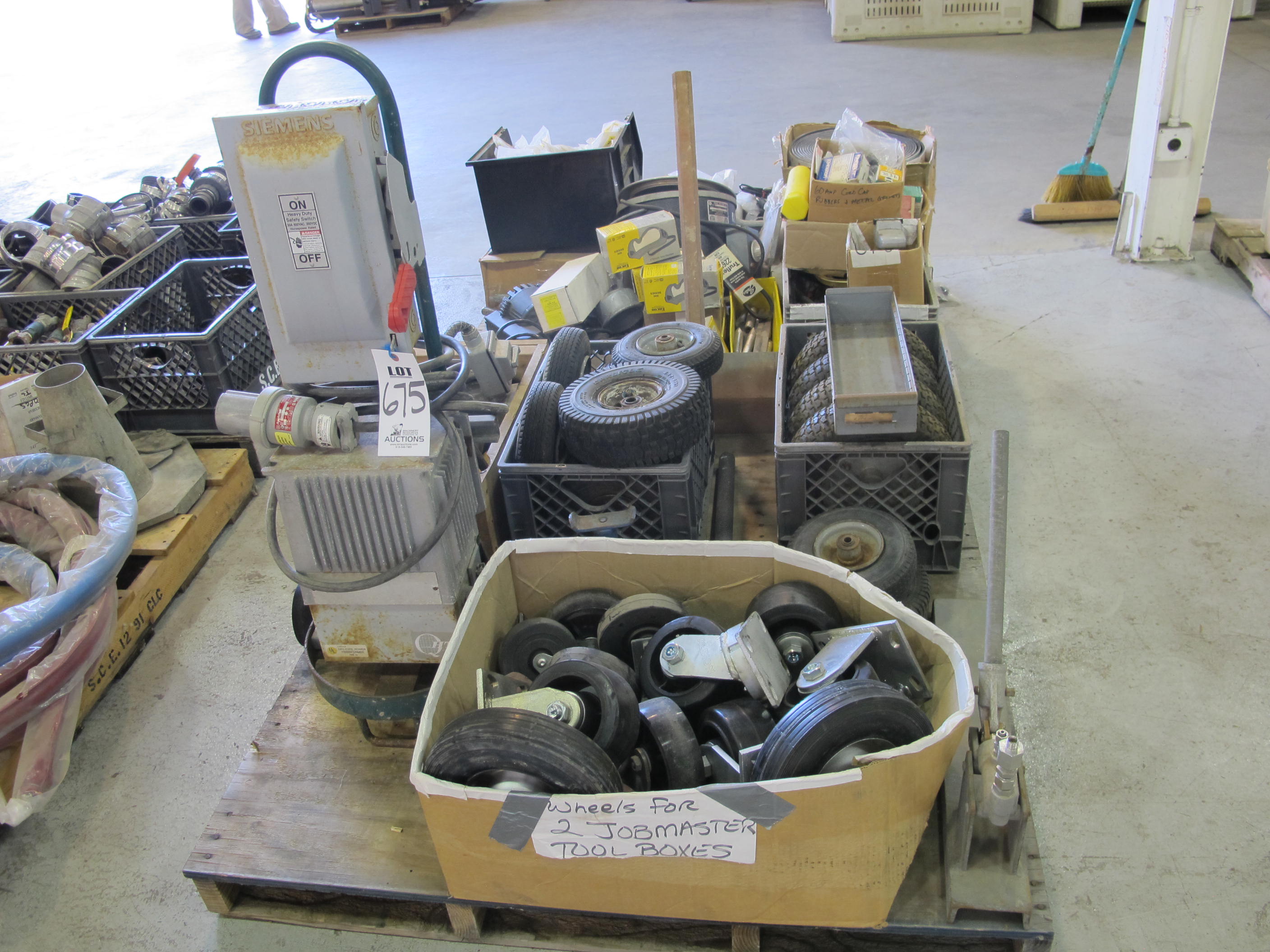 LOT (2) PALLETS ASSORTED WHEELS, MELTING POT & ELECTRICAL BOXES (G-49) LOADING & HANDLING FEE $30-