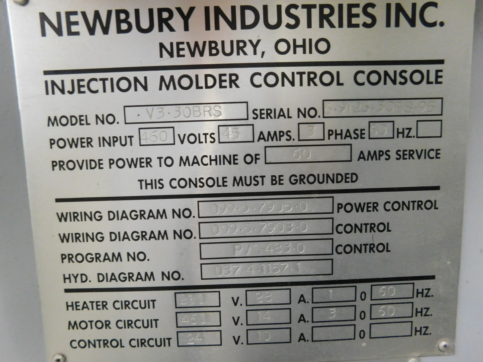 1995 NEWBURY VERTICAL INJECTION MOLDING MACHINE, MODEL V3 30 BRS, S/N 6912630BS95-74