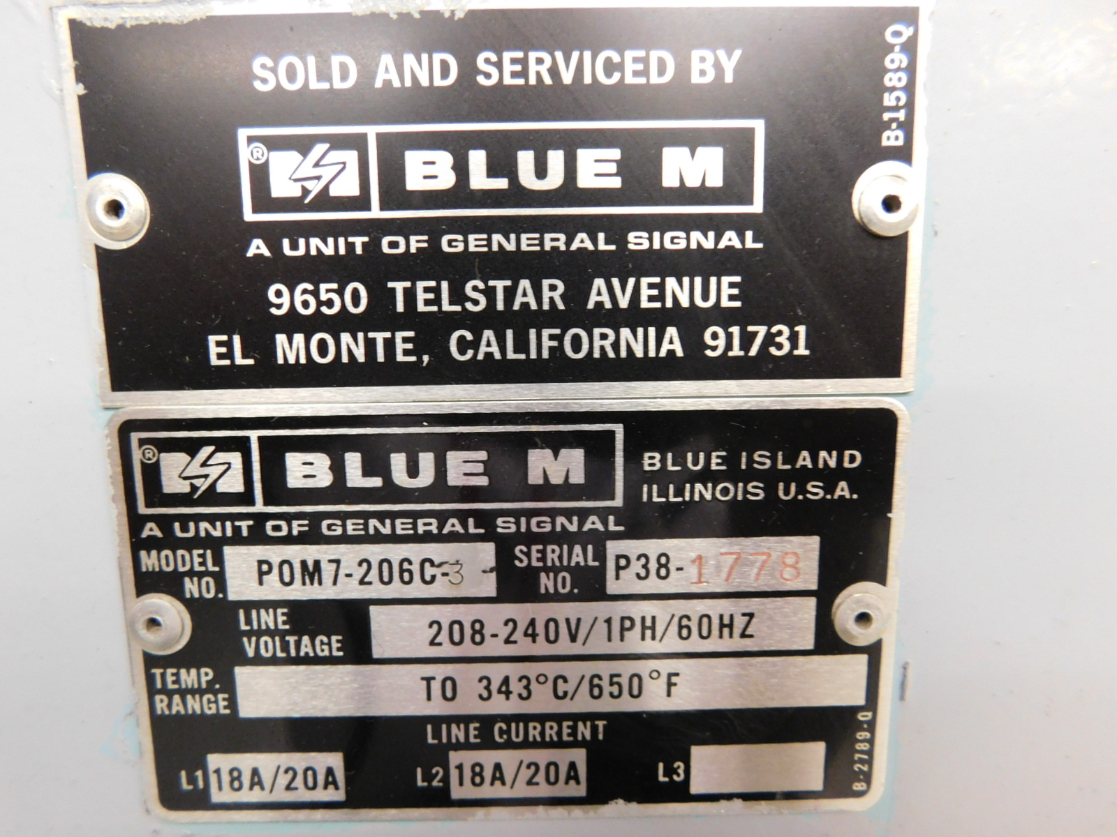 BLUE M OVEN, MODEL POM7-206C3, TEMP RANGE: UP TO 343 DEG. C/650 DEG. F, S/N P38-1778-78