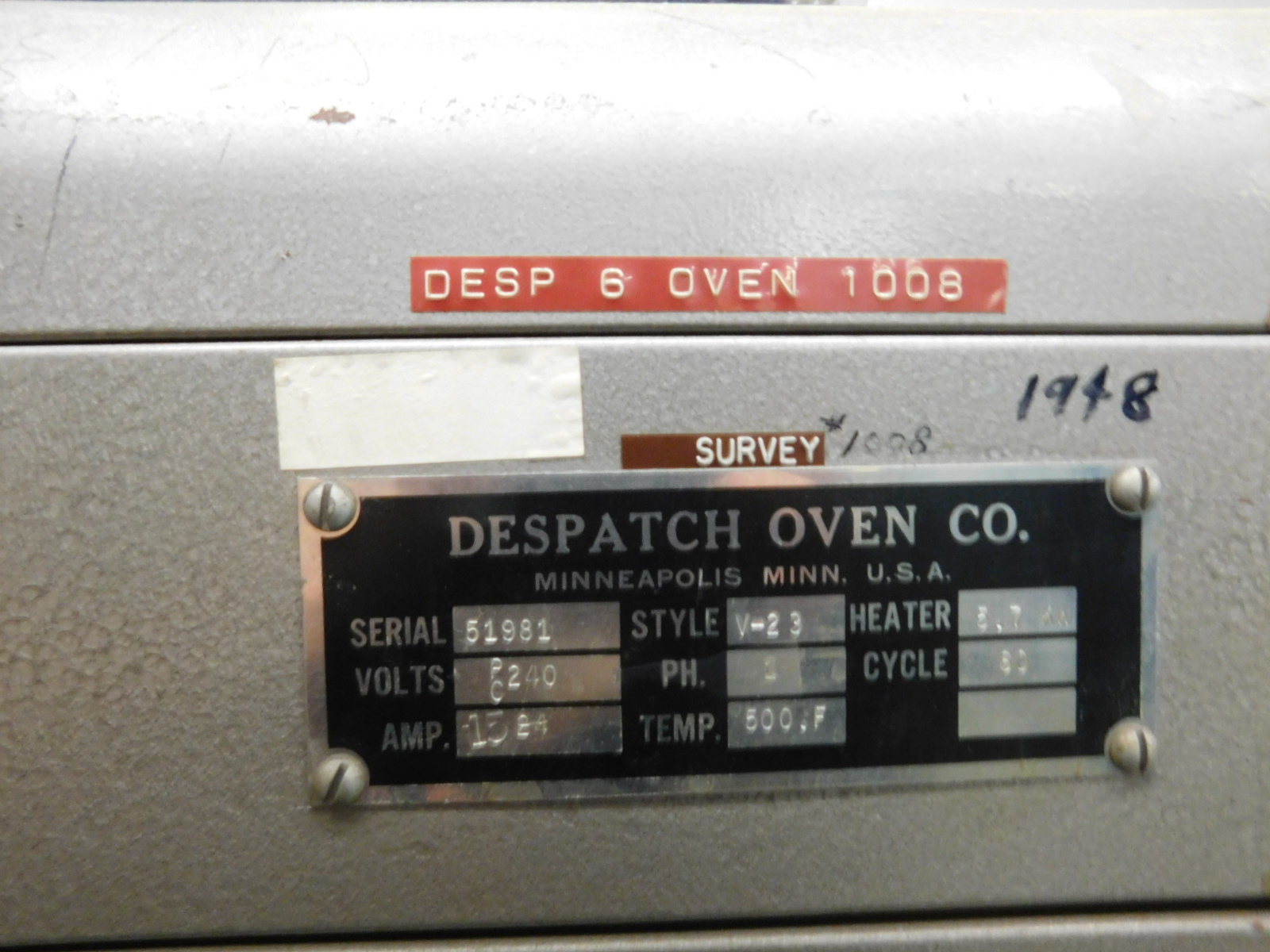 DESPATCH OVEN, 36"X20"X24", STYLE V-23, 500 DEG. F, S/N 51981-79
